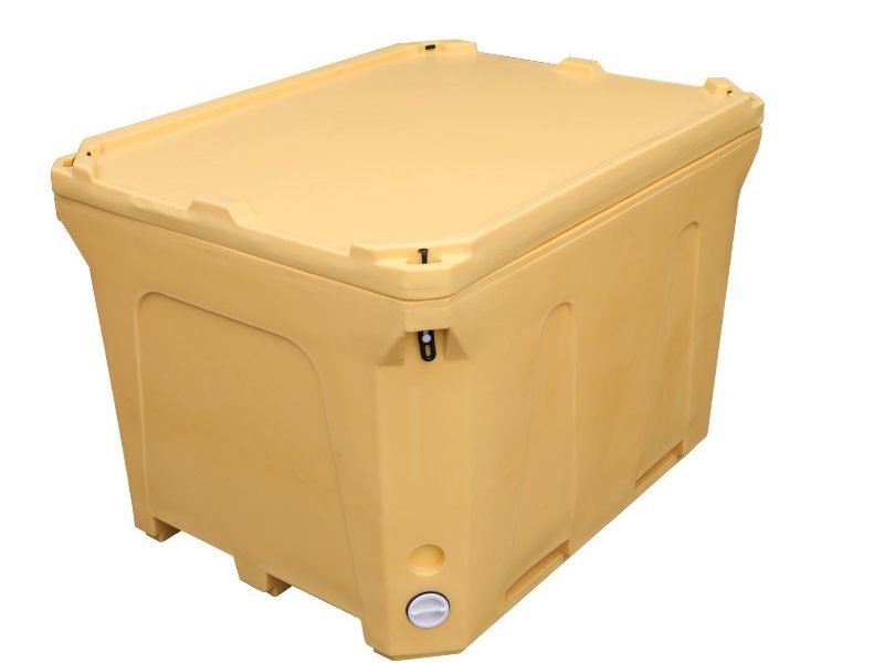Plastic insulated fish box with sealed lid and rubber latch locks for secure transport