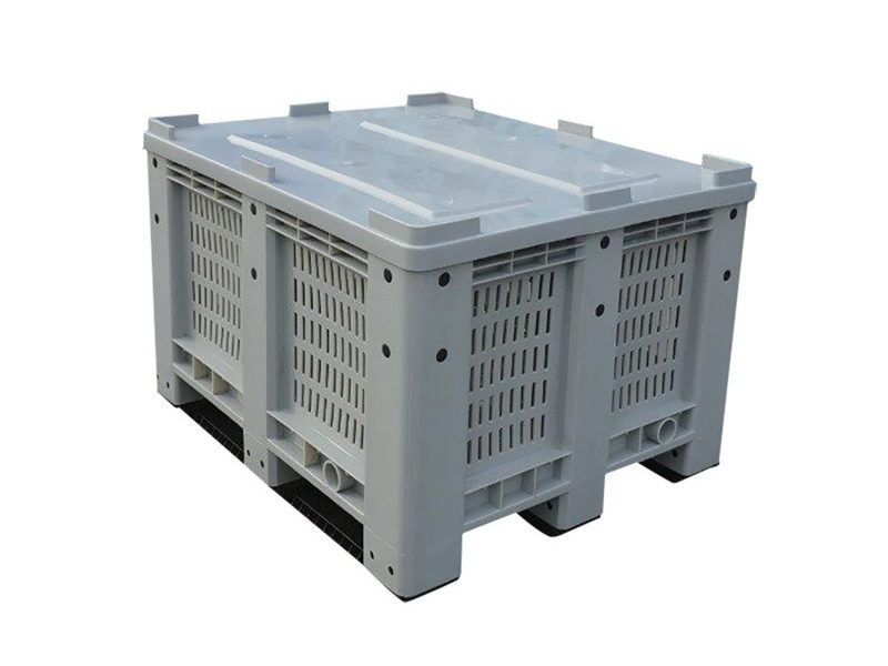 An HDPE vented plastic pallet bin with a closed - top, shown from a top - down angle, showcasing its mesh sides and design for logistics, transport, and industrial use.