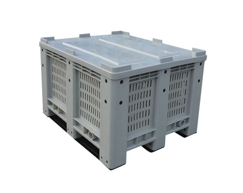 An HDPE vented plastic pallet bin with a closed - top, shown from a top - down angle, showcasing its mesh sides and design for logistics, transport, and industrial use.