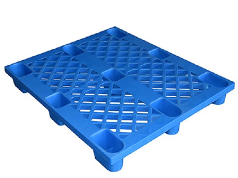A blue Lightweight 9 Legs Grid Nestable Plastic Pallet, designed with a grid pattern and nine legs, offering nestable functionality for space - saving.