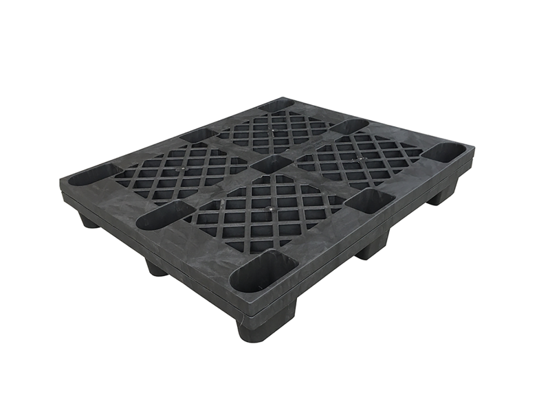 A black Recycled HDPE Nestable 9 Legs Plastic Pallet, made from recycled HDPE material, with a grid structure and nine legs for nestability.