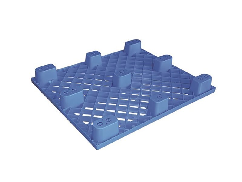 A blue 9 Legs Grid Transport Plastic Pallet, having a grid structure and nine legs, designed for efficient transportation.