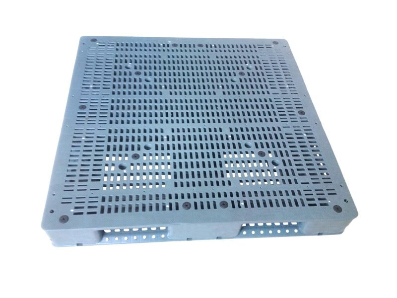 A blue 47 X 47 Full Perimeter Heavy Duty Plastic Pallet, with a full - perimeter design and perforated surface, offering strength and durability.