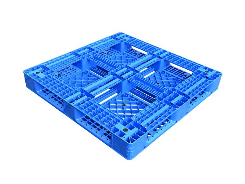 A blue PP & HDPE rackable stackable plastic pallet, featuring a robust grid structure that enables both racking and stacking in industrial settings.