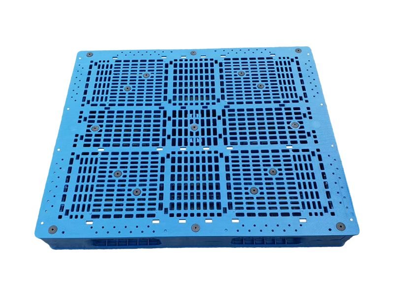 A blue rackable double - face plastic pallet with a grid design on both sides, suitable for various industrial storage and handling needs.