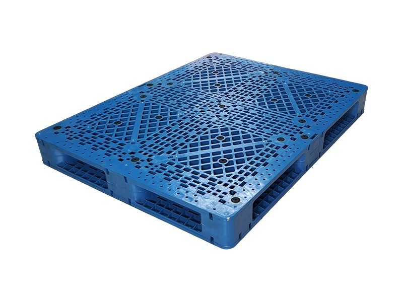 A blue stackable double - deck grid plastic pallet, highlighting its double - deck grid structure for enhanced storage and stacking.