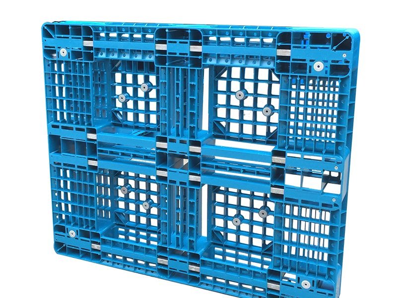 A blue six - skids rackable Euro plastic pallet, showcasing its structured design with six skids, ideal for European - standard industrial use.