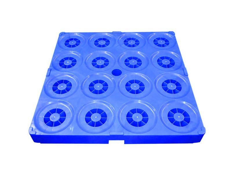 A blue plastic pallet designed for 16 five - gallon bottled water containers, featuring a top - view with circular indentations for secure placement.