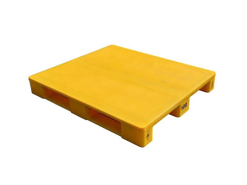 A yellow hygienic solid plastic pallet placed right - side - up, with a smooth surface. It presents a practical structure ideal for storage and transportation.