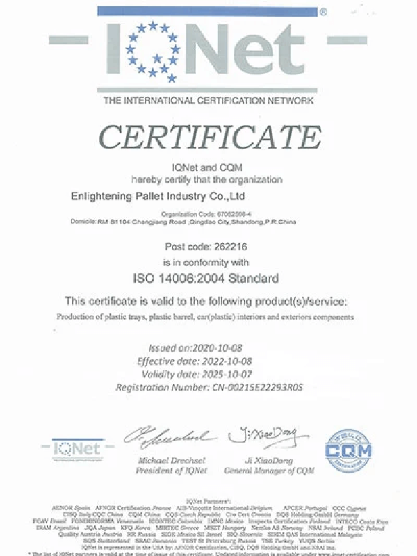 A certificate from IQNet and CQM, indicating Enlightening Pallet Industry Co., Ltd's conformity with ISO 14006:2004 Standard for production of plastic items.