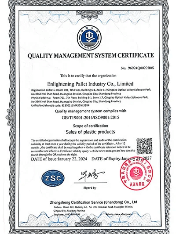 A Quality Management System Certificate for Enlightening Pallet Industry Co., Ltd, showing compliance with GB/T19001 - 2016/ISO9001:2015 for sales of plastic products.