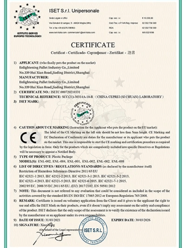 A CE Certificate for Enlightening Pallet Industry Co., Ltd, ensuring products meet relevant EU directives and regulations.